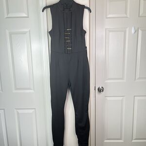 Bebe Bar Detail Jumpsuit Women’s Size Medium Black Gold Bar New